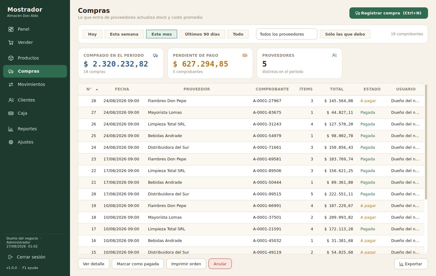 Listado de compras a proveedores con su estado de pago