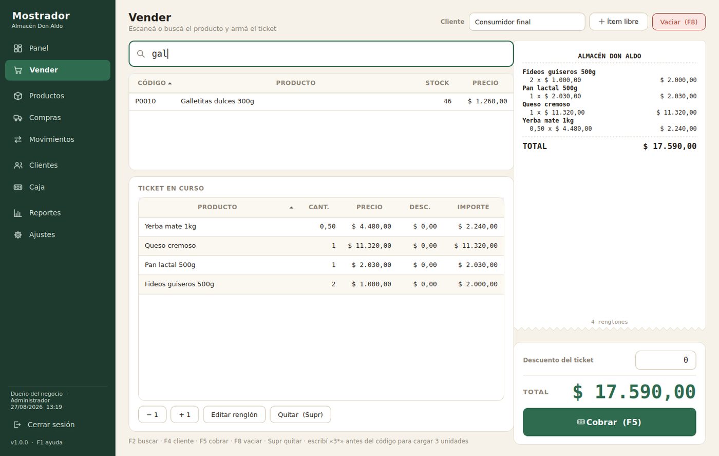 Pantalla de venta de Mostrador con cuatro productos cargados en el ticket y el total de la compra