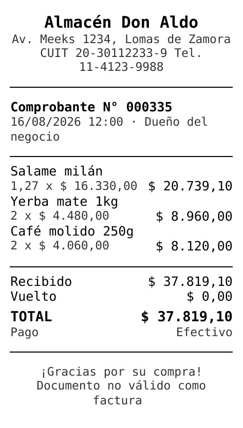 Ticket de 80 milímetros impreso por Mostrador, con el detalle de la compra y el total